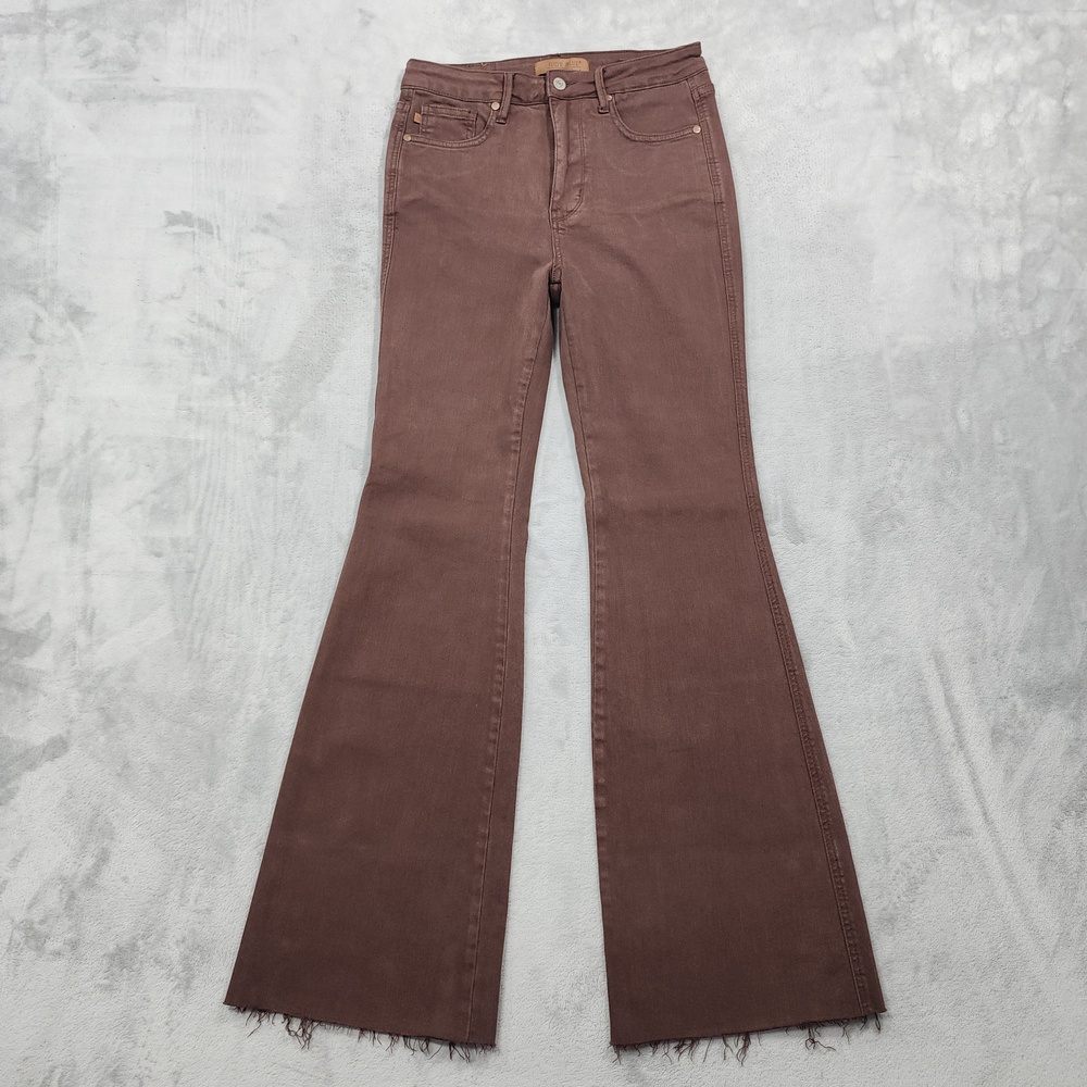 Judy Blue Jeans Womens 7 Juniors Brown High Rise Flare Frayed Hem Stretch Denim